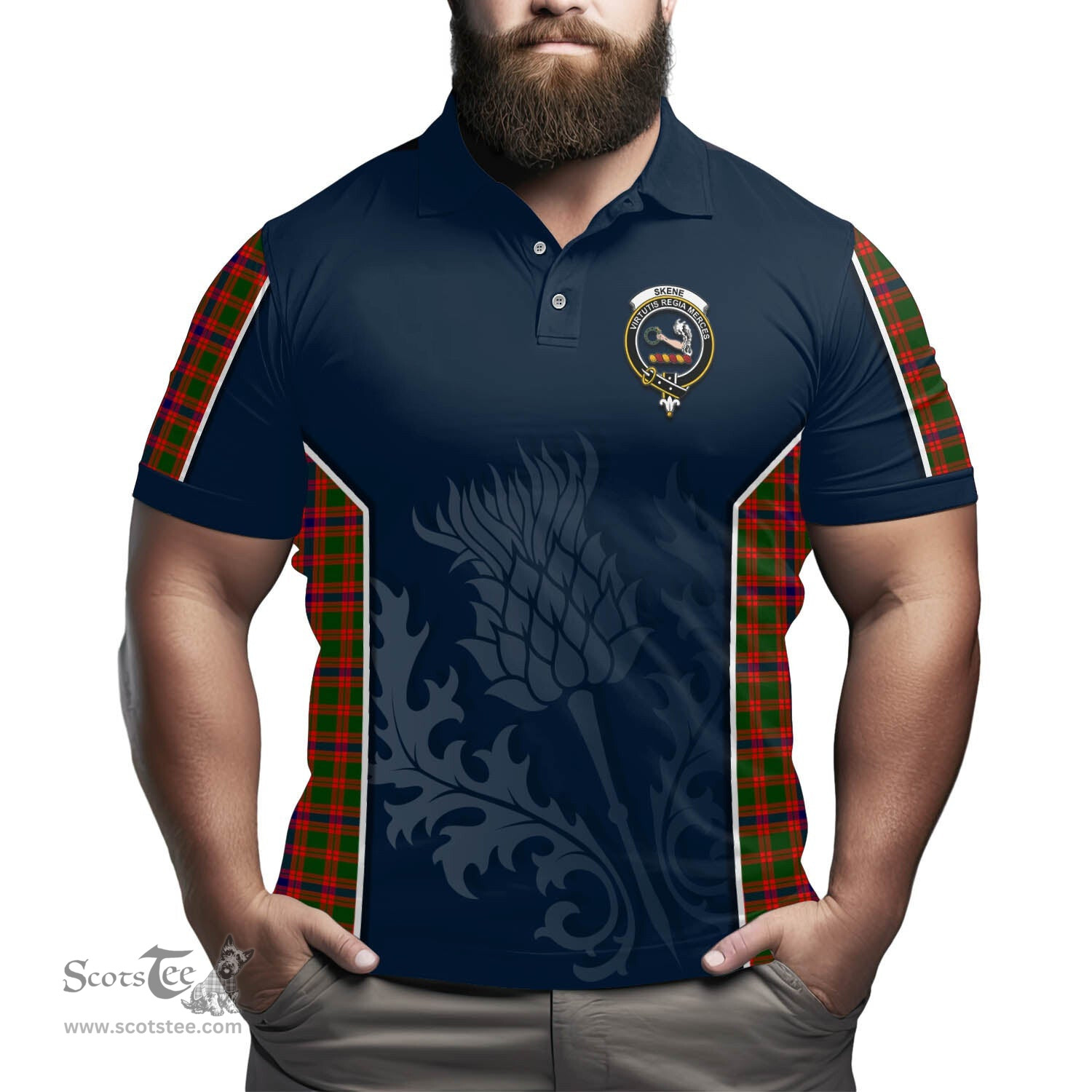 ScotsTee Shop Scottish Skene Modern Clan Crest Scottish Thistle Sport Style Tartan Polo Shirt