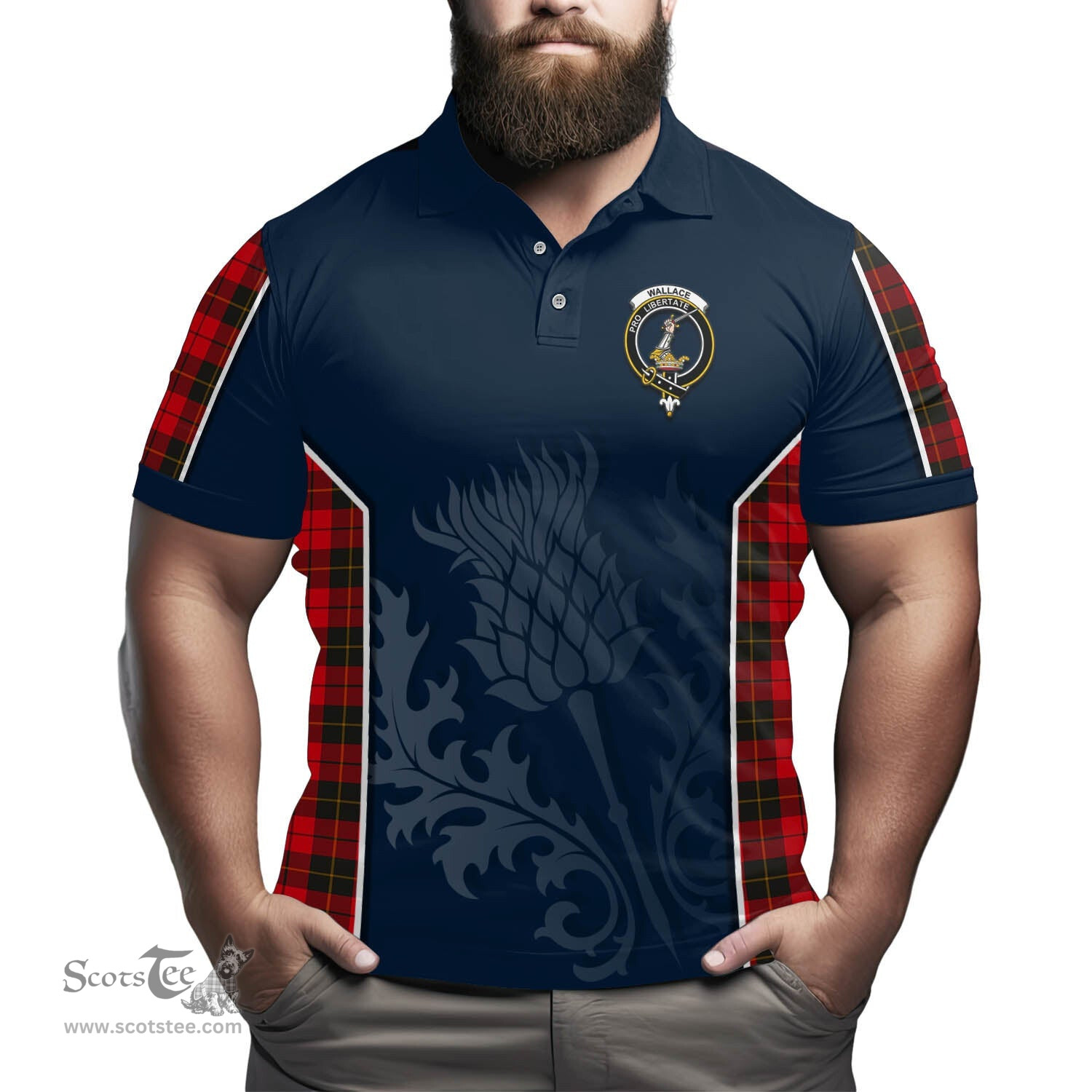 ScotsTee Shop Scottish Wallace Weathered Clan Crest Scottish Thistle Sport Style Tartan Polo Shirt