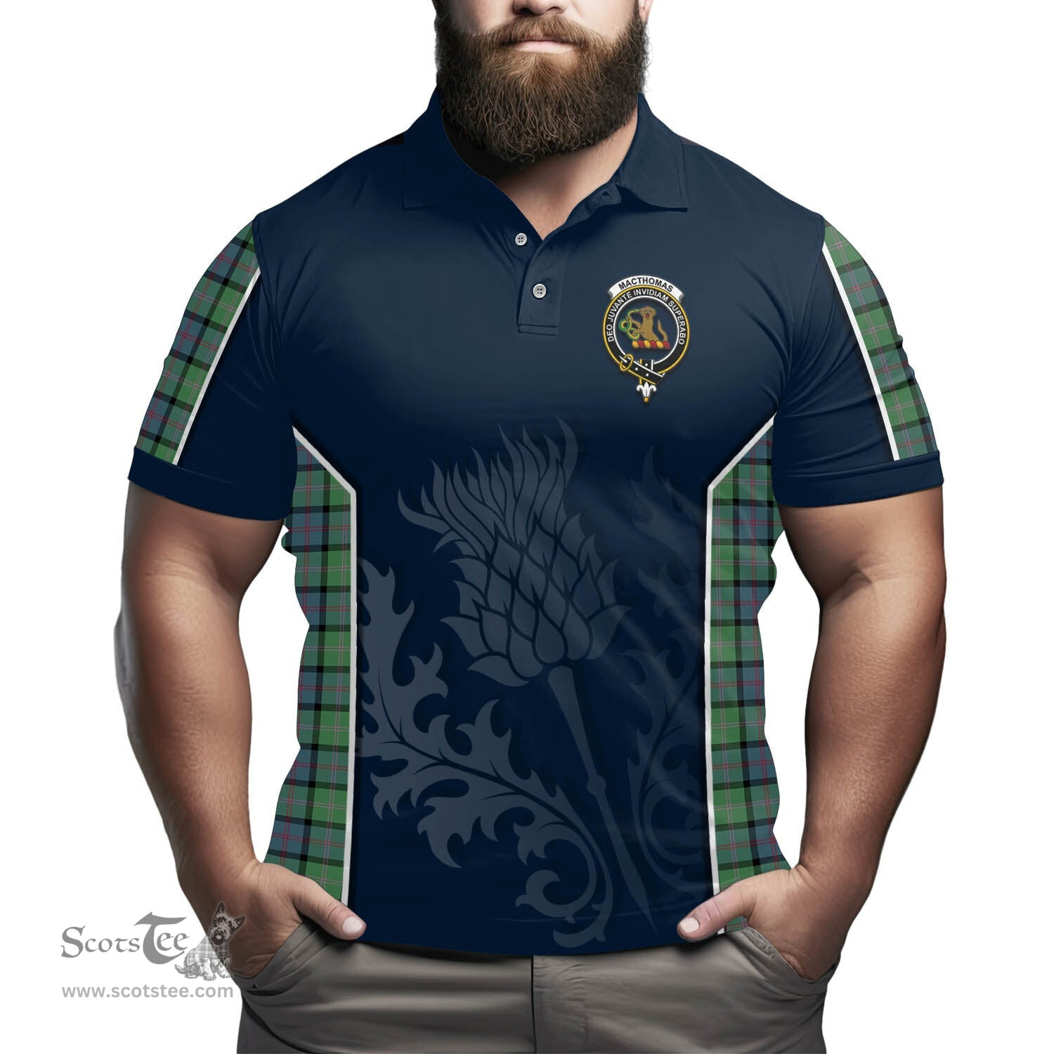 ScotsTee Shop Scottish MacThomas Ancient Clan Crest Scottish Thistle Sport Style Tartan Polo Shirt