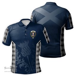 ScotsTee Shop Scottish Menzies Black and White Clan Crest Scottish Thistle Sport Style Tartan Polo Shirt