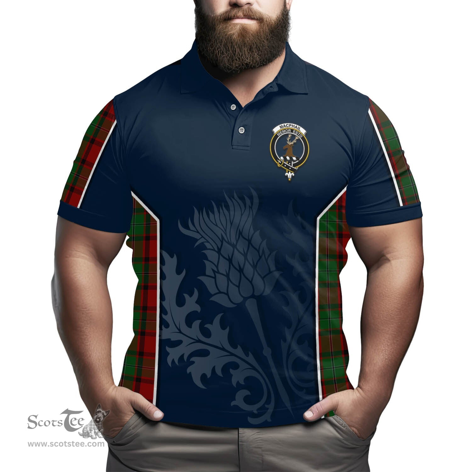 ScotsTee Shop Scottish MacPhail Clan Crest Scottish Thistle Sport Style Tartan Polo Shirt