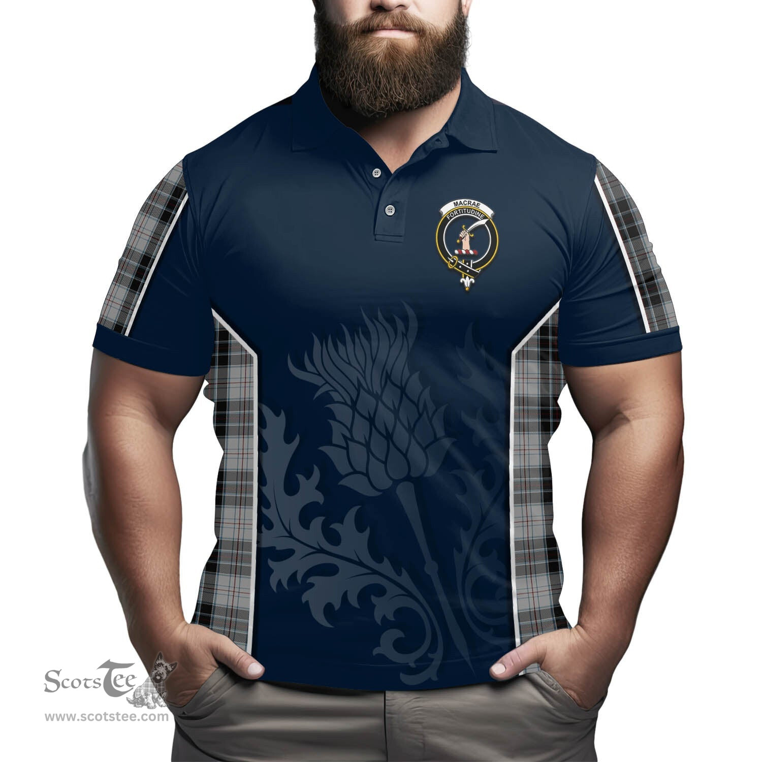 ScotsTee Shop Scottish MacRae Dress Clan Crest Scottish Thistle Sport Style Tartan Polo Shirt