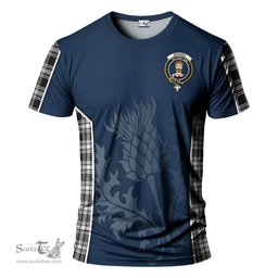 ScotsTee Shop Scottish Menzies Black and White Clan Crest Scottish Thistle Sport Style Tartan T Shirt