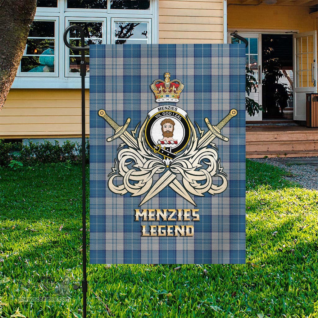 ScotsTee Shop Scottish Menzies Dress Blue and White Clan Crest Tartan Flag The Golden Sword of Courageous Legacy Flag