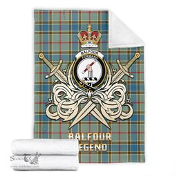 ScotsTee Shop Scottish Balfour Blue Clan Crest Tartan Blanket The Golden Sword of Courageous Legacy Blanket