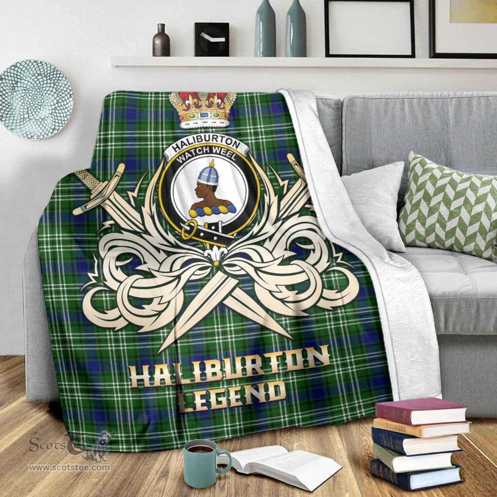 ScotsTee Shop Scottish Haliburton Clan Crest Tartan Blanket The Golden Sword of Courageous Legacy Blanket