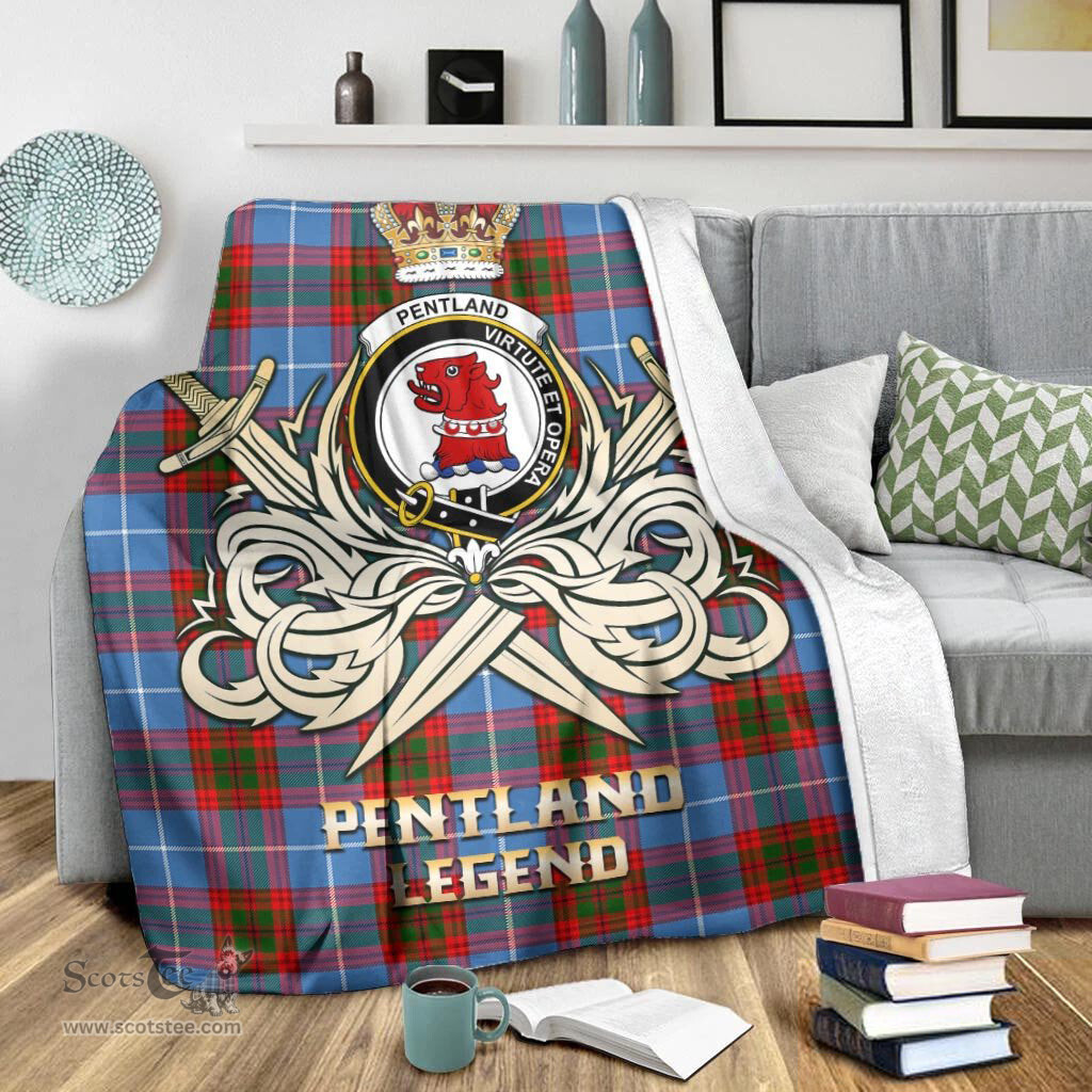 ScotsTee Shop Scottish Pentland Clan Crest Tartan Blanket The Golden Sword of Courageous Legacy Blanket
