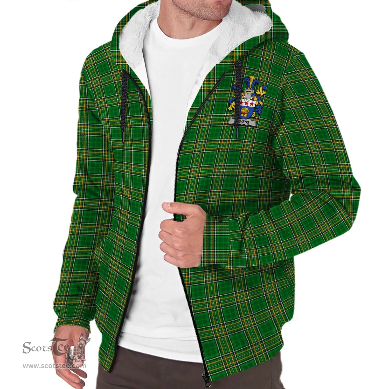 ScotsTee Shop Irish Bevens Coat of Arms Crest Ireland Sherpa Hoodie Irish National Tartan Irish Sherpa Hoodie