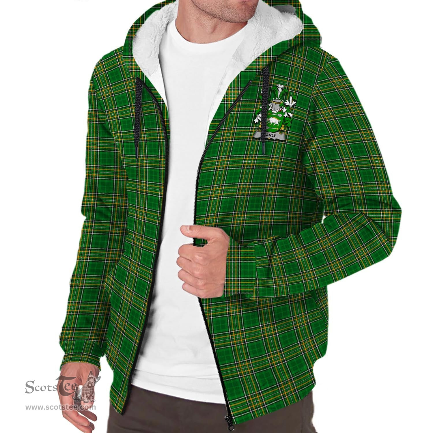 ScotsTee Shop Irish Hanly Coat of Arms Crest Ireland Sherpa Hoodie Irish National Tartan Irish Sherpa Hoodie