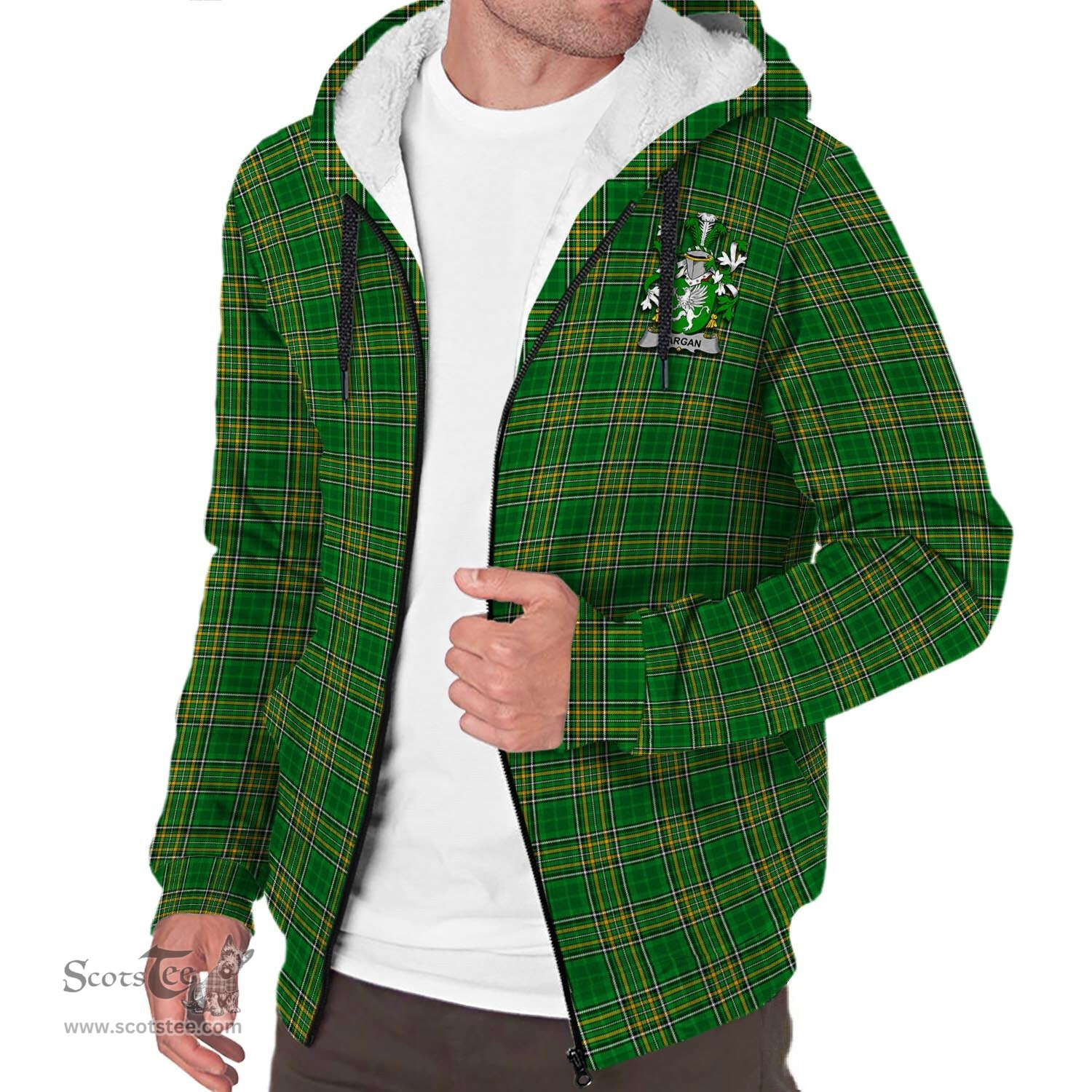 ScotsTee Shop Irish Dargan Coat of Arms Crest Ireland Sherpa Hoodie Irish National Tartan Irish Sherpa Hoodie