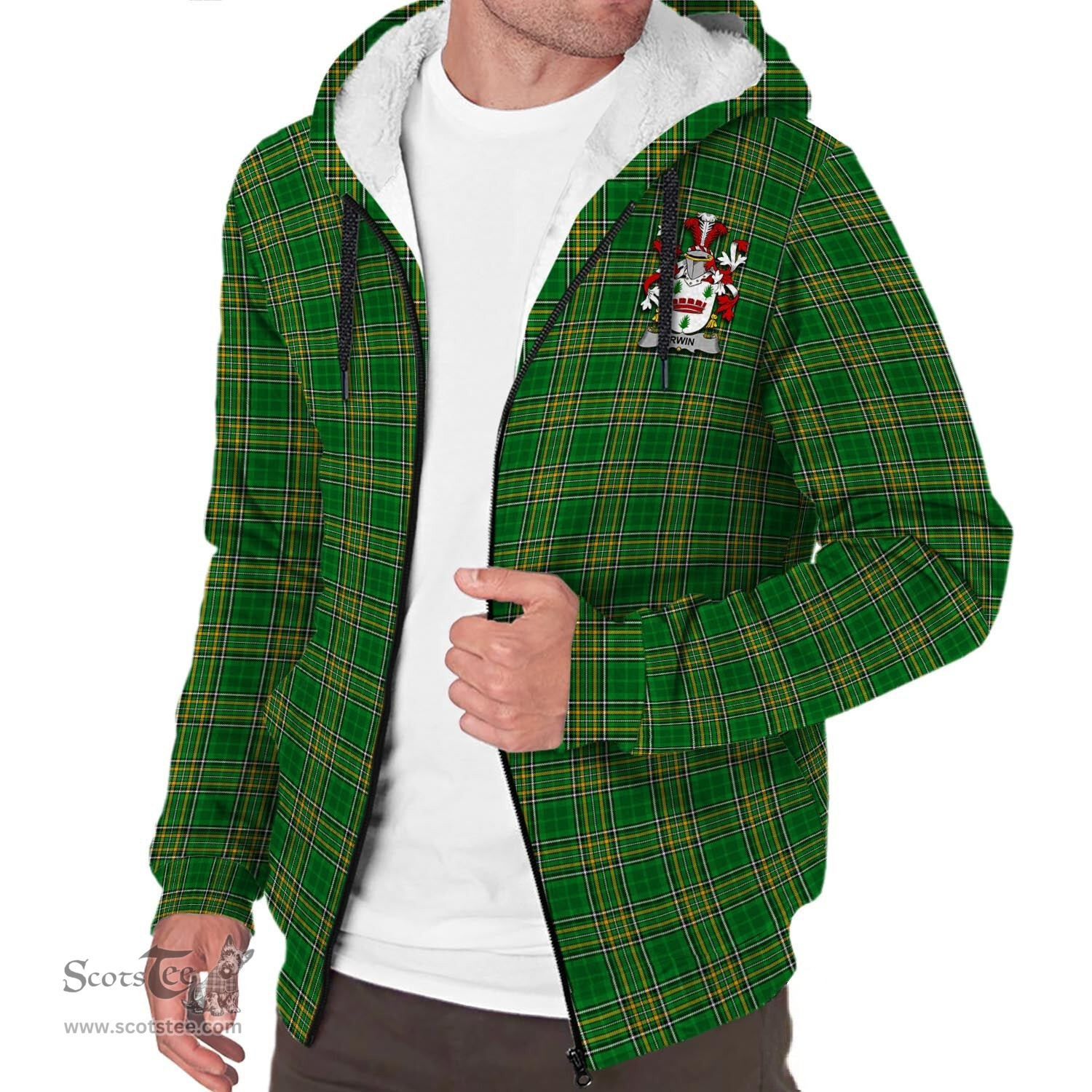 ScotsTee Shop Irish Irwin Coat of Arms Crest Ireland Sherpa Hoodie Irish National Tartan Irish Sherpa Hoodie