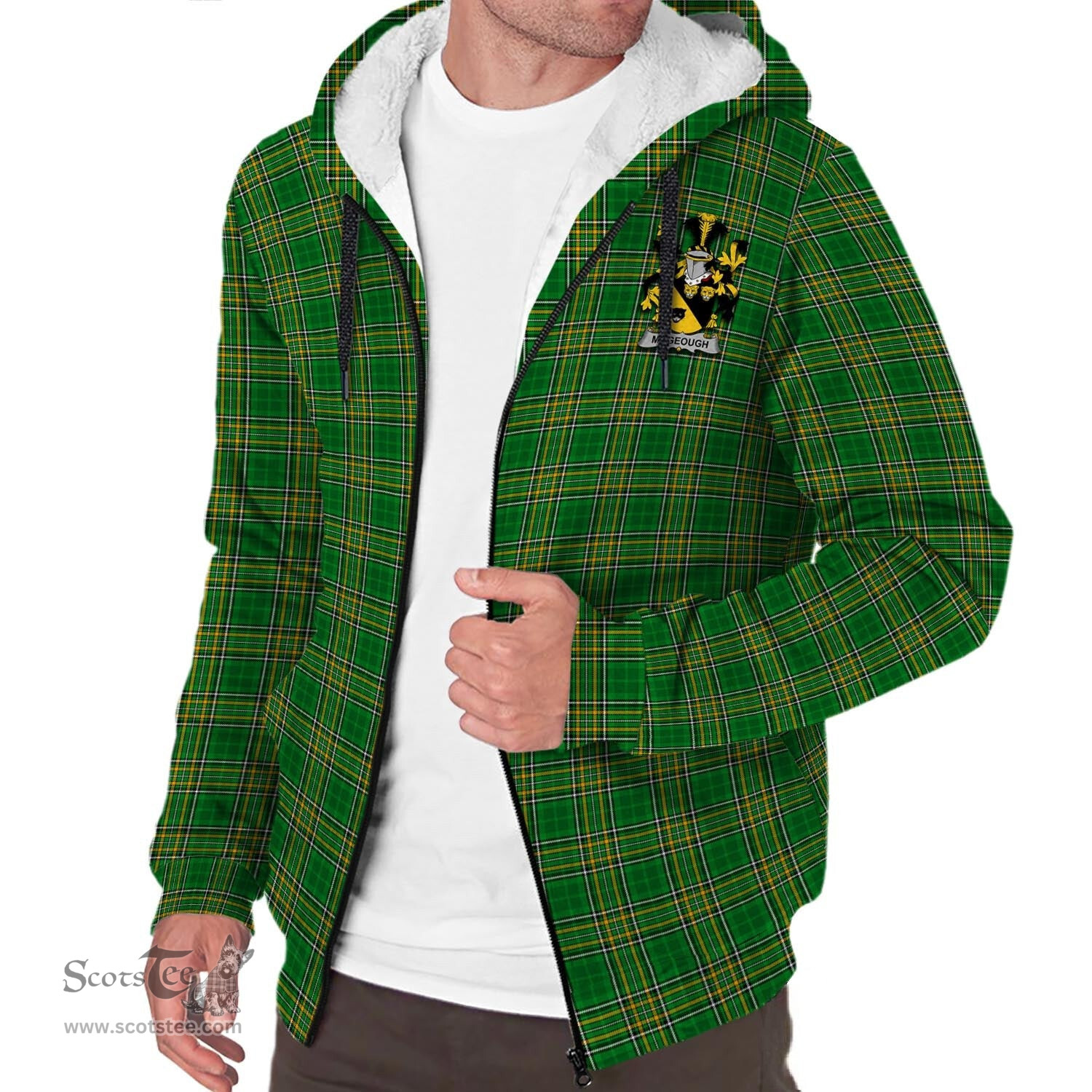 ScotsTee Shop Irish McGeough Coat of Arms Crest Ireland Sherpa Hoodie Irish National Tartan Irish Sherpa Hoodie
