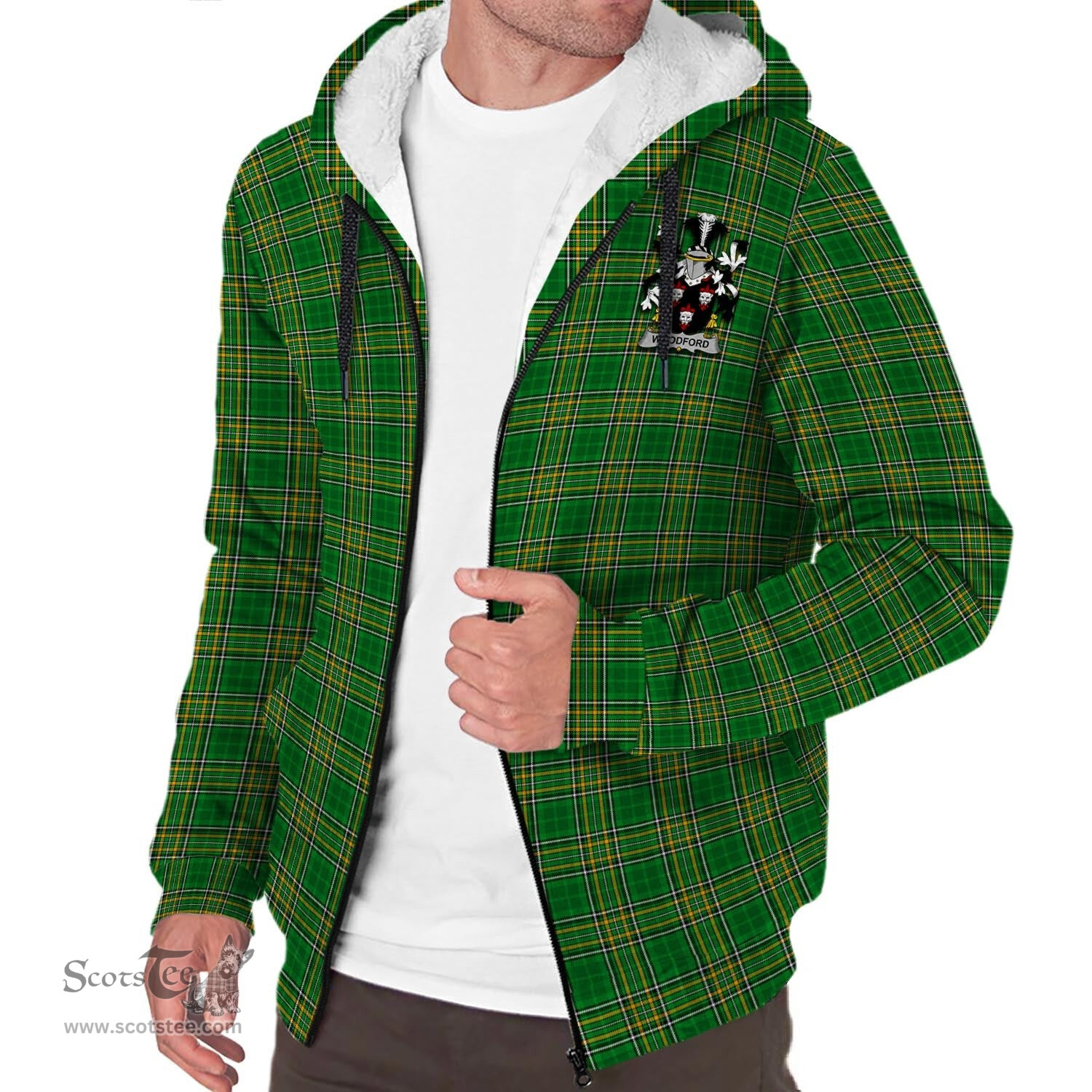 ScotsTee Shop Irish Woodford Coat of Arms Crest Ireland Sherpa Hoodie Irish National Tartan Irish Sherpa Hoodie