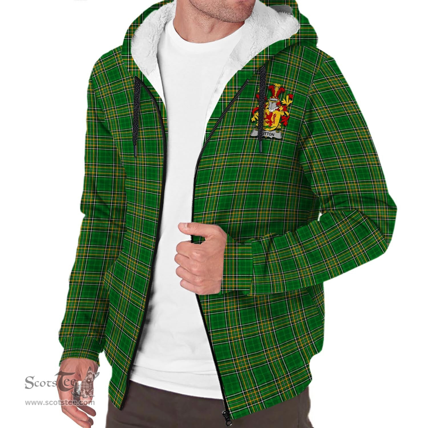 ScotsTee Shop Irish Sutton Coat of Arms Crest Ireland Sherpa Hoodie Irish National Tartan Irish Sherpa Hoodie