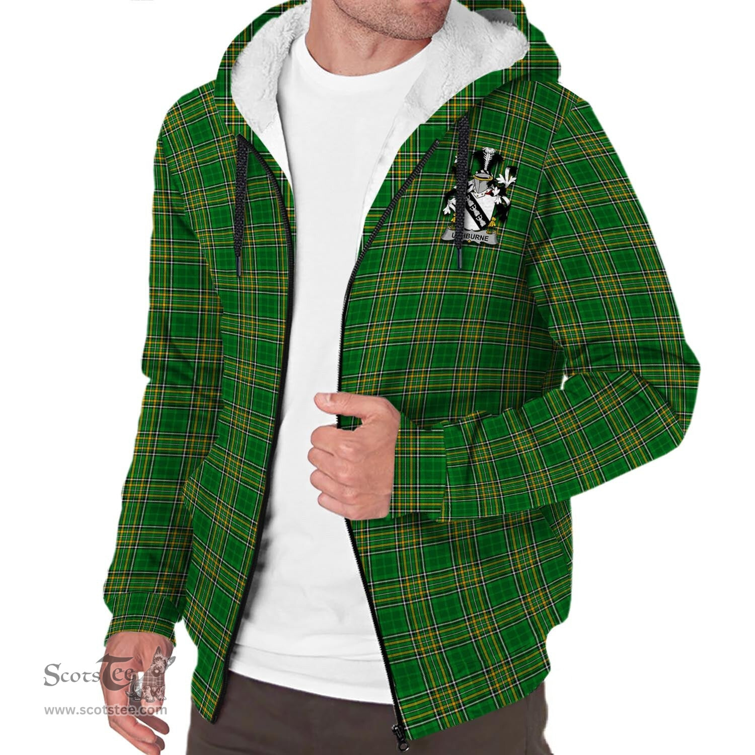 ScotsTee Shop Irish Ushburne Coat of Arms Crest Ireland Sherpa Hoodie Irish National Tartan Irish Sherpa Hoodie