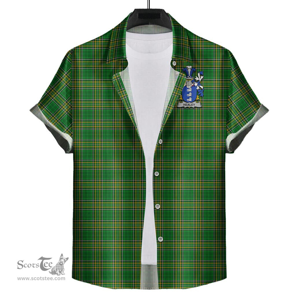 ScotsTee Shop Irish Healey Coat of Arms Crest Ireland Short Sleeve Shirt Irish National Tartan Irish Shirt