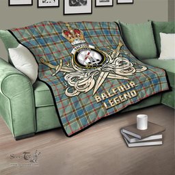 ScotsTee Shop Scottish Balfour Blue Clan Crest Tartan Quilt The Golden Sword of Courageous Legacy Quilt