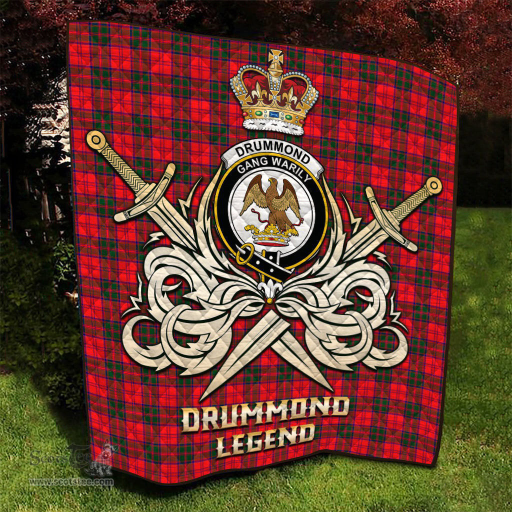 ScotsTee Shop Scottish Drummond Modern Clan Crest Tartan Quilt The Golden Sword of Courageous Legacy Quilt