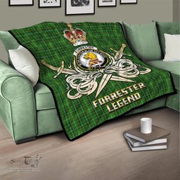 ScotsTee Shop Scottish Forrester Hunting Clan Crest Tartan Quilt The Golden Sword of Courageous Legacy Quilt