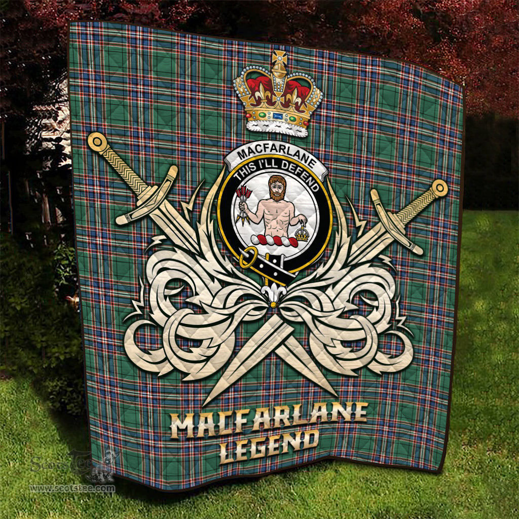 ScotsTee Shop Scottish MacFarlane Hunting Ancient Clan Crest Tartan Quilt The Golden Sword of Courageous Legacy Quilt