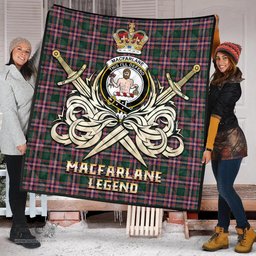 ScotsTee Shop Scottish MacFarlane Hunting Modern Clan Crest Tartan Quilt The Golden Sword of Courageous Legacy Quilt