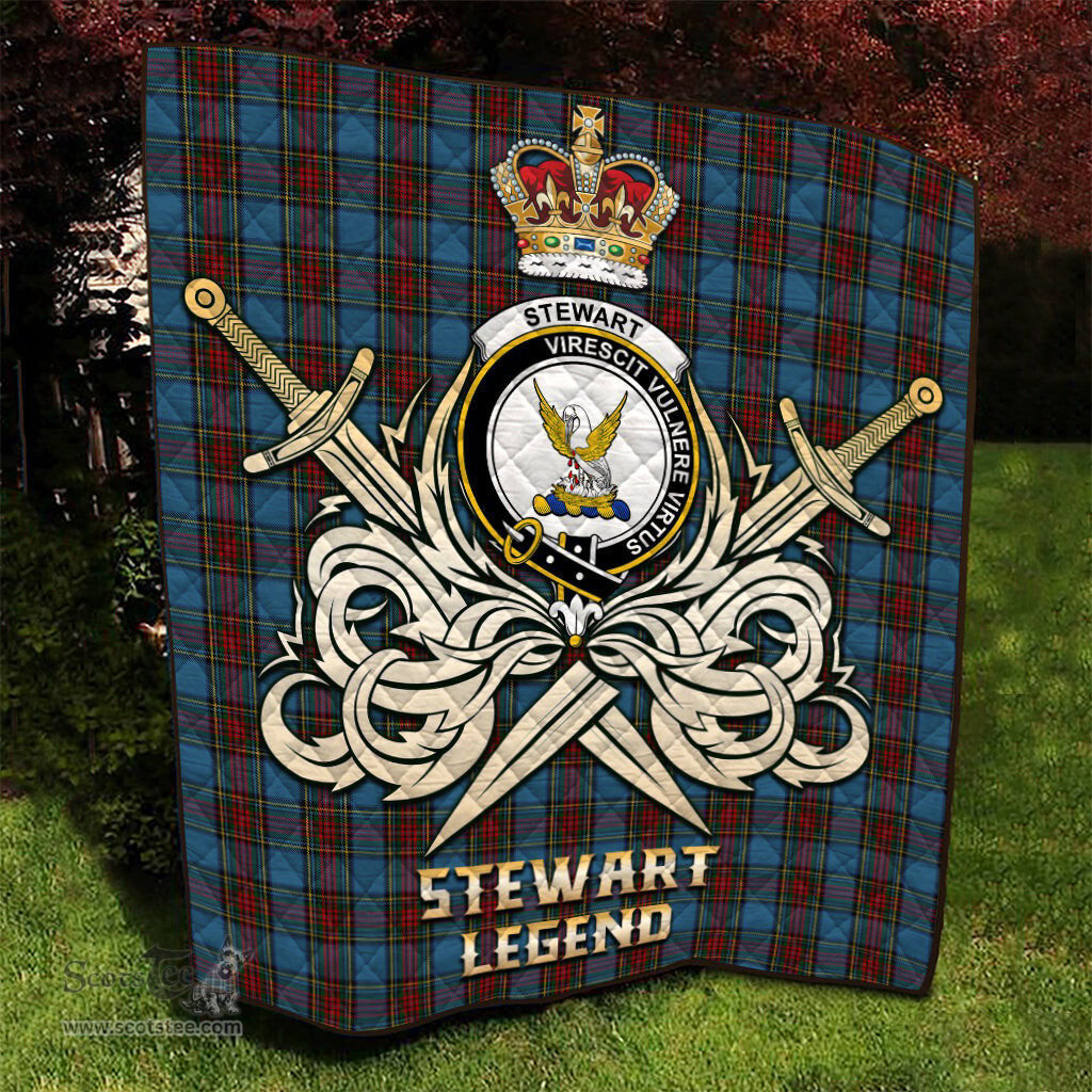 ScotsTee Shop Scottish Stewart Royal Blue Clan Crest Tartan Quilt The Golden Sword of Courageous Legacy Quilt