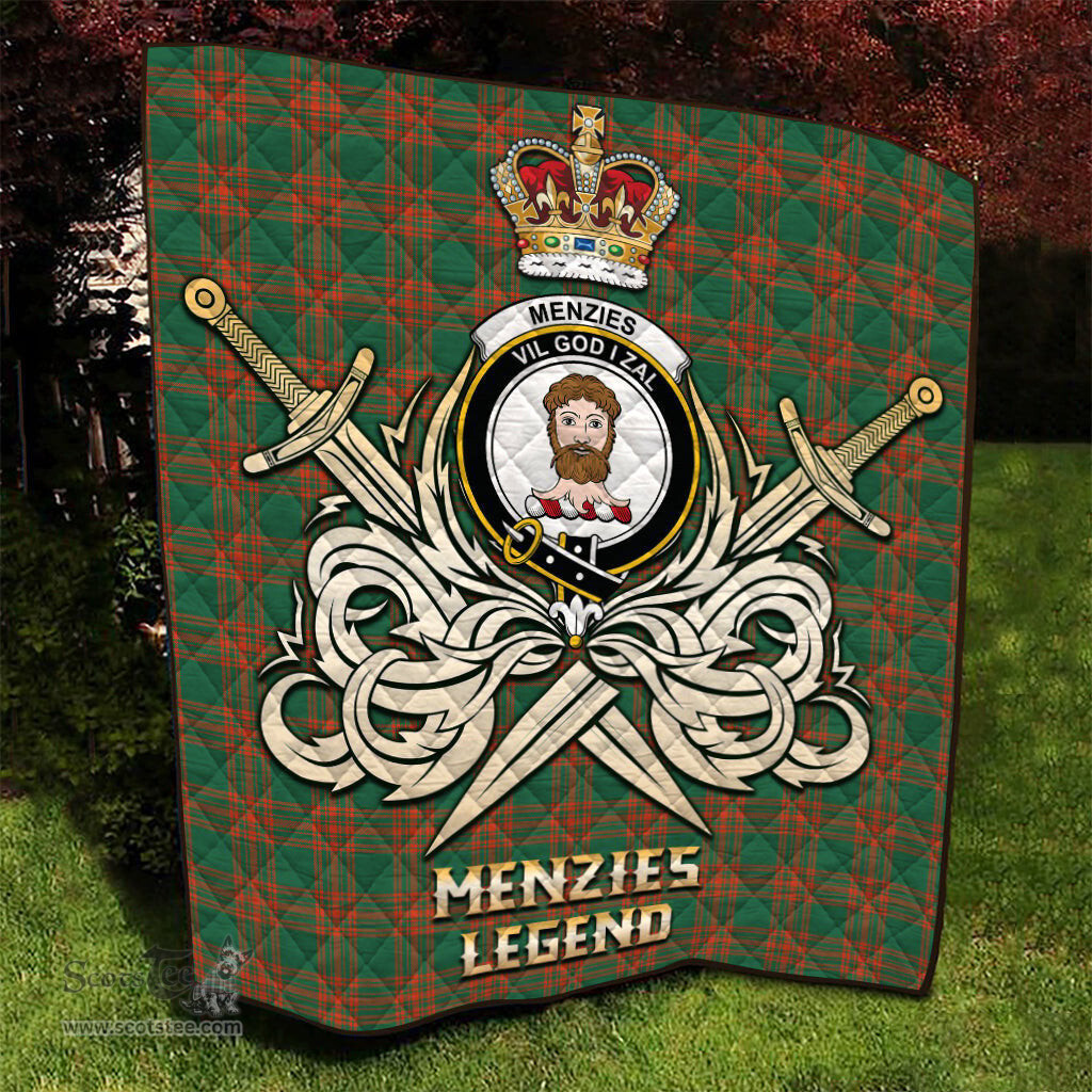 ScotsTee Shop Scottish Menzies Green Ancient Clan Crest Tartan Quilt The Golden Sword of Courageous Legacy Quilt