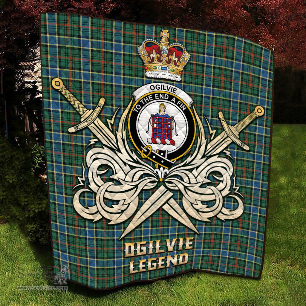ScotsTee Shop Scottish Ogilvie (Ogilvy) Hunting Ancient Clan Crest Tartan Quilt The Golden Sword of Courageous Legacy Quilt