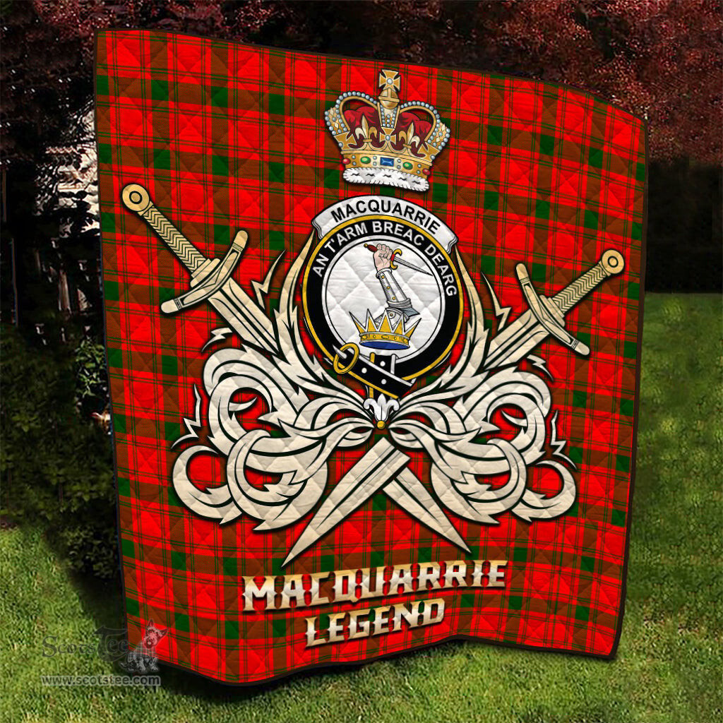 ScotsTee Shop Scottish MacQuarrie Modern Clan Crest Tartan Quilt The Golden Sword of Courageous Legacy Quilt