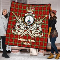 ScotsTee Shop Scottish Morrison Red Modern Clan Crest Tartan Quilt The Golden Sword of Courageous Legacy Quilt