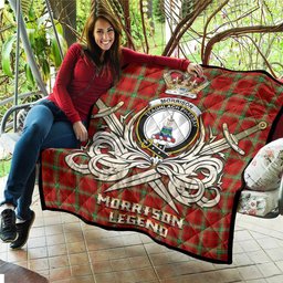 ScotsTee Shop Scottish Morrison Red Modern Clan Crest Tartan Quilt The Golden Sword of Courageous Legacy Quilt