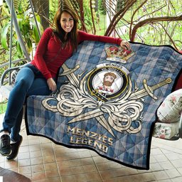 ScotsTee Shop Scottish Menzies Dress Blue and White Clan Crest Tartan Quilt The Golden Sword of Courageous Legacy Quilt