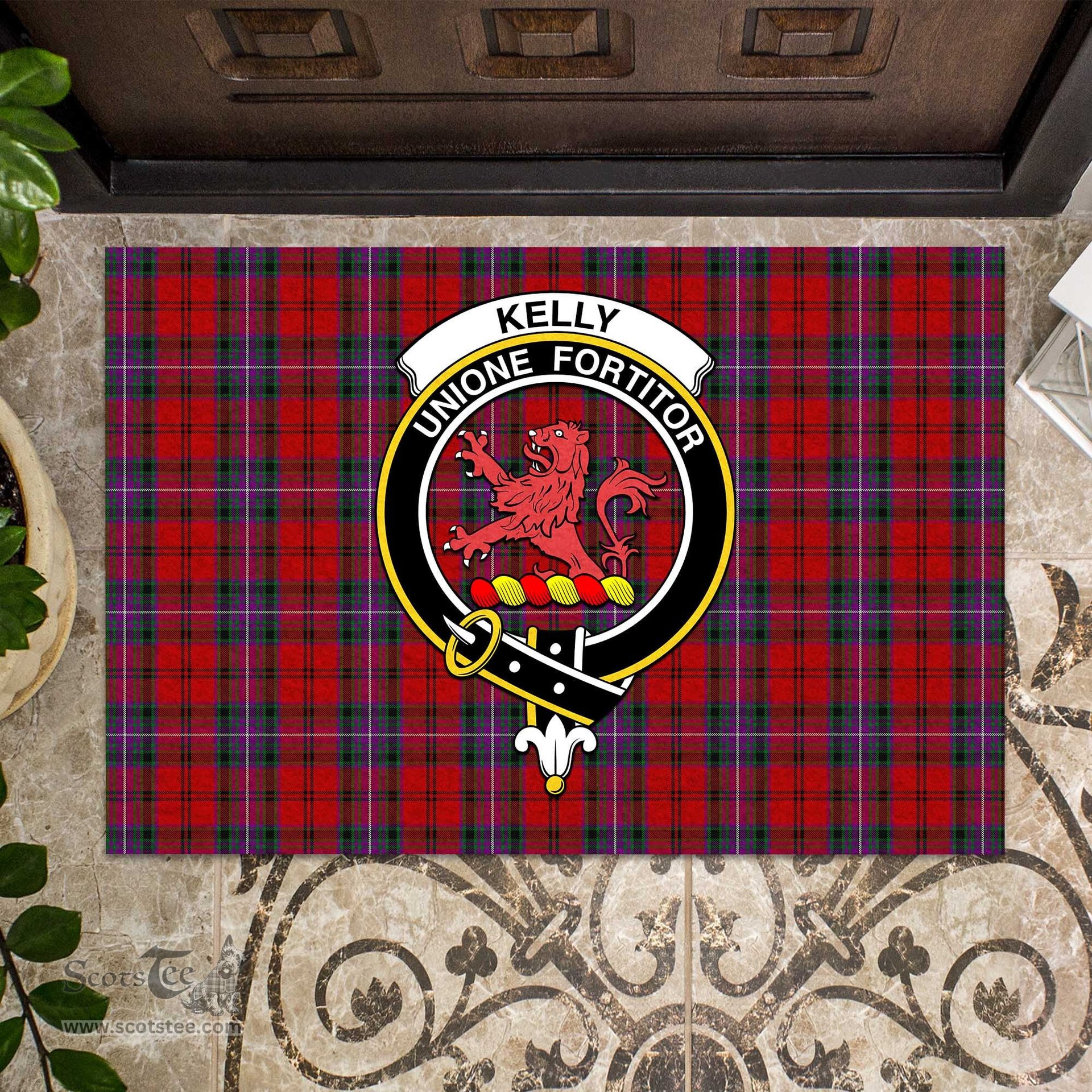 ScotsTee Shop Scottish Kelly of Sleat Red Clan Tartan Doormat Rubber Welcome Mat