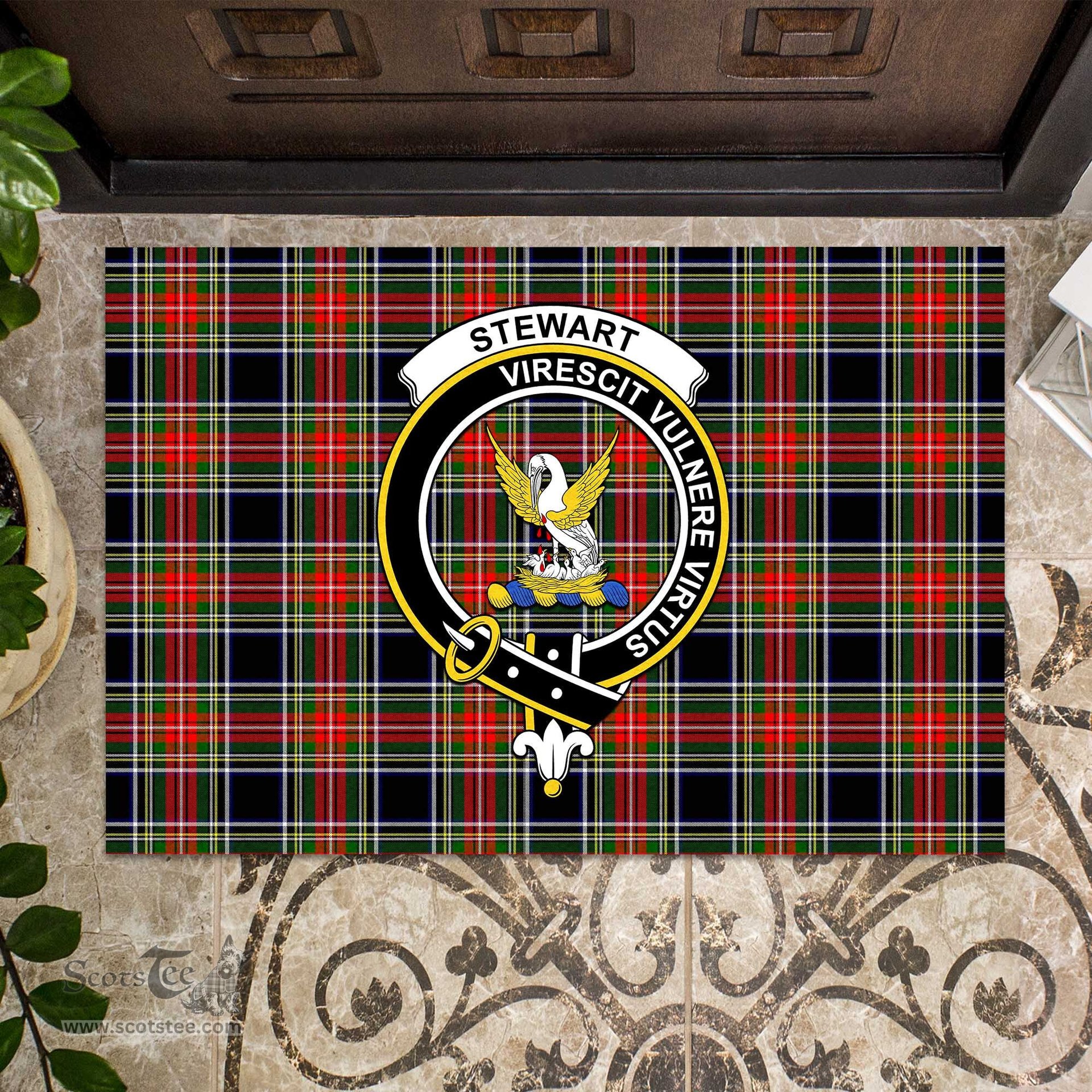 ScotsTee Shop Scottish Stewart Black Clan Tartan Doormat Rubber Welcome Mat