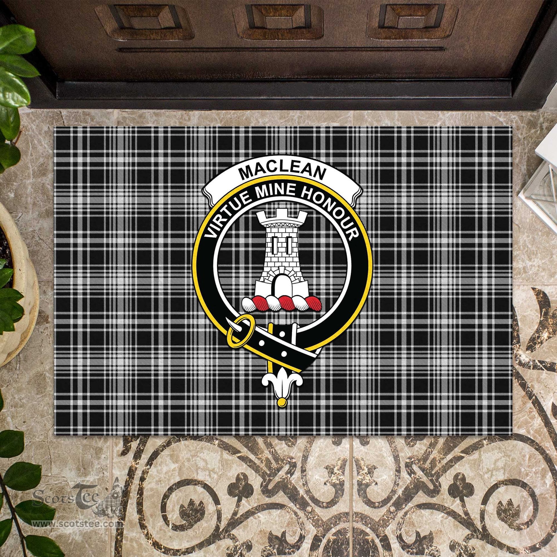 ScotsTee Shop Scottish MacLean Black and White Clan Tartan Doormat Rubber Welcome Mat