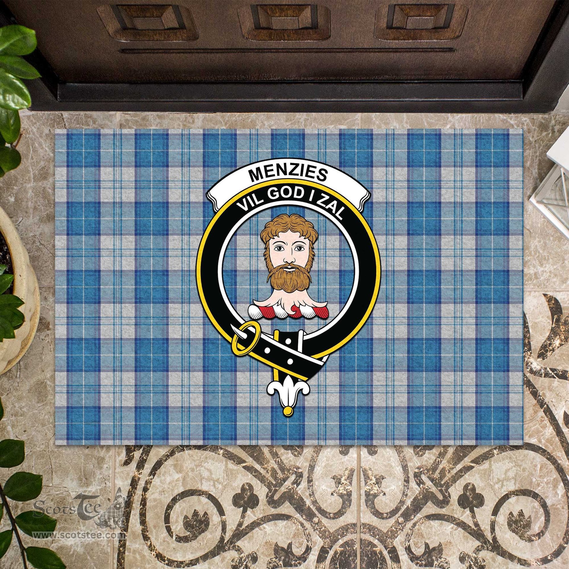 ScotsTee Shop Scottish Menzies Dress Blue and White Clan Tartan Doormat Rubber Welcome Mat
