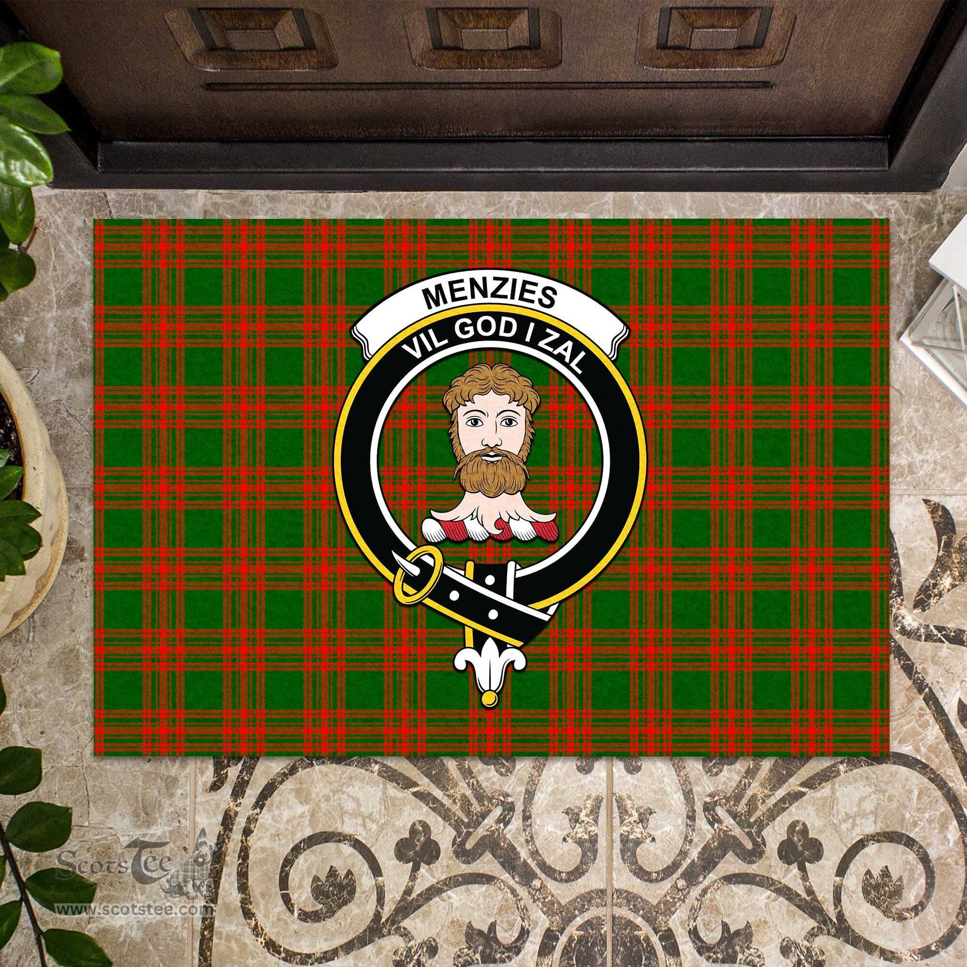 ScotsTee Shop Scottish Menzies Green Modern Clan Tartan Doormat Rubber Welcome Mat