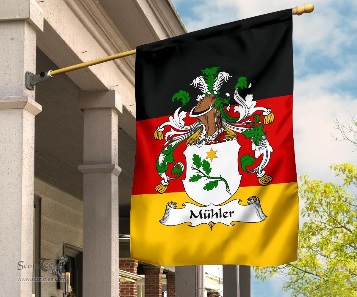 ScotsTee Shop Germans Muhler Coat of Arms on Germany Flag Garden Flag/ House Flag