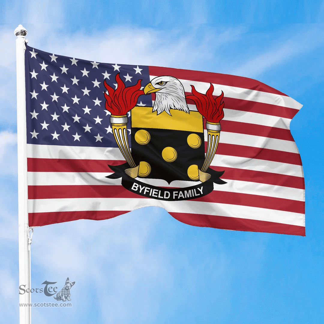 ScotsTee Shop American Byfield Coat of Arms on American Flag U.S. Flag