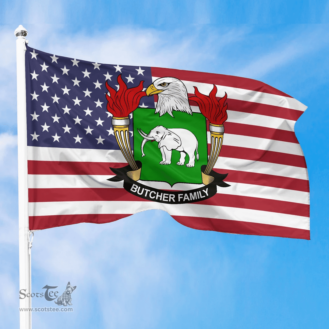 ScotsTee Shop American Butcher Coat of Arms on American Flag U.S. Flag