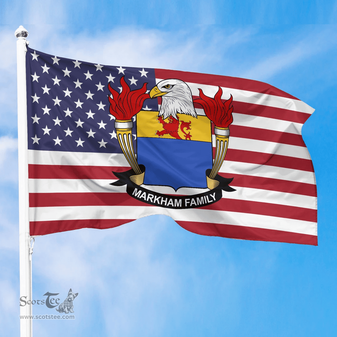 ScotsTee Shop American Markham Coat of Arms on American Flag U.S. Flag