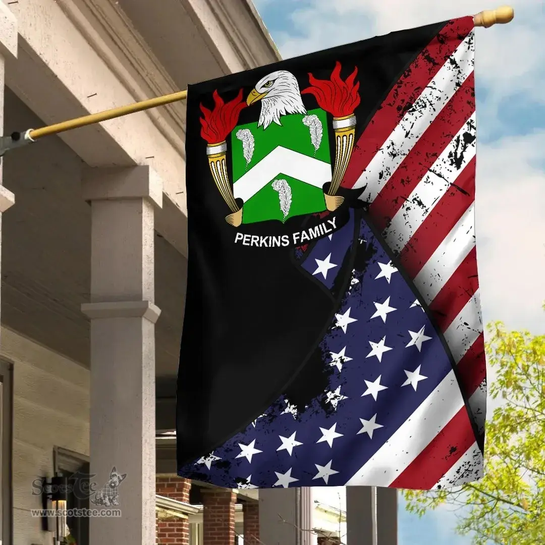 American Perkins Coat of Arms on American Flag U.S. Flag Garden Flag/ House Flag