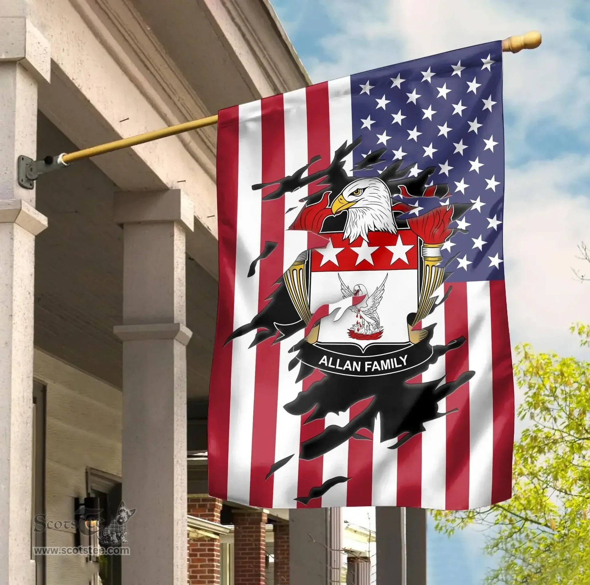 ScotsTee Shop American Allan Coat of Arms Scratch on American Flag U.S. Flag Garden Flag/ House Flag