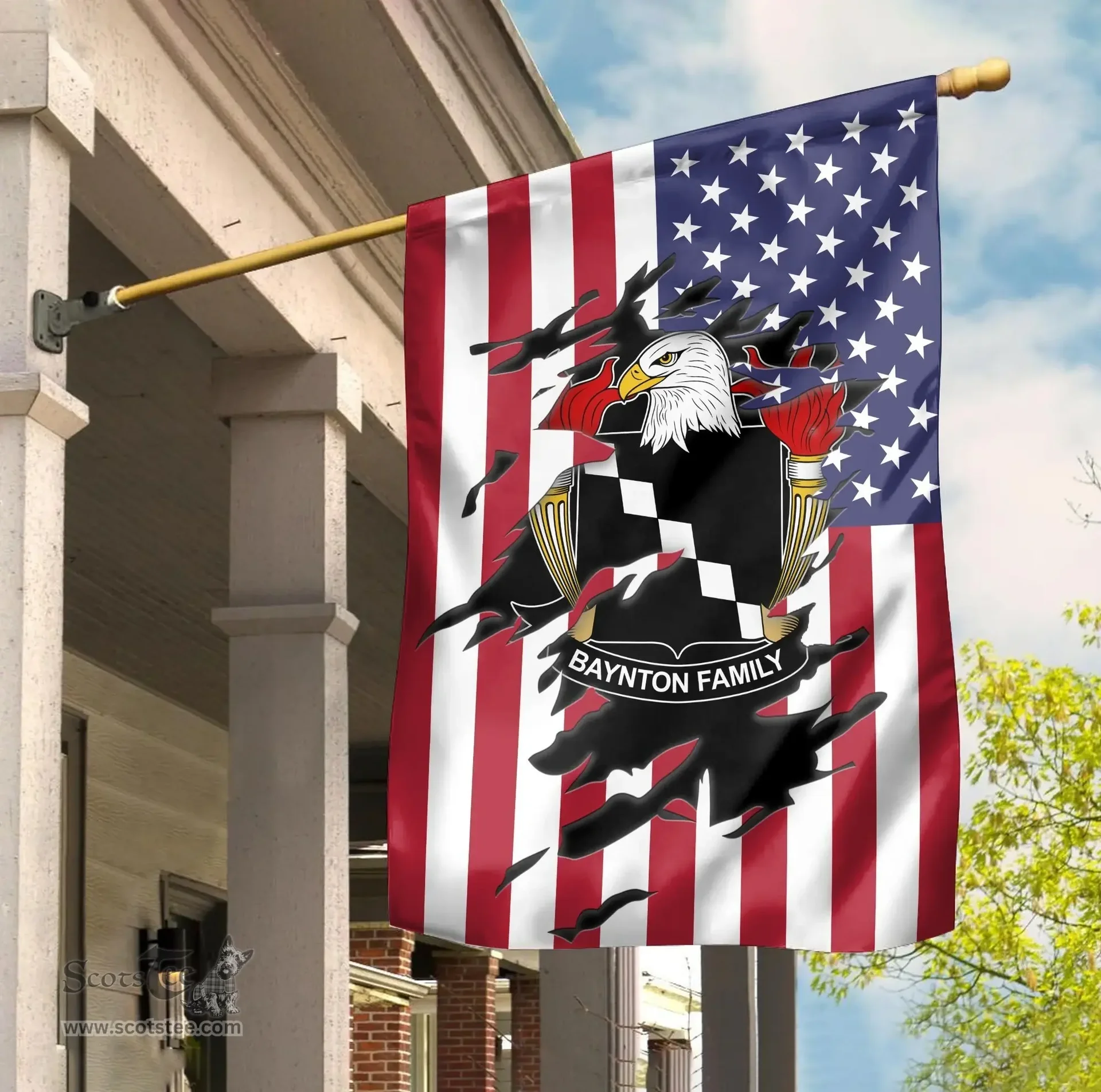 ScotsTee Shop American Baynton Coat of Arms Scratch on American Flag U.S. Flag Garden Flag/ House Flag