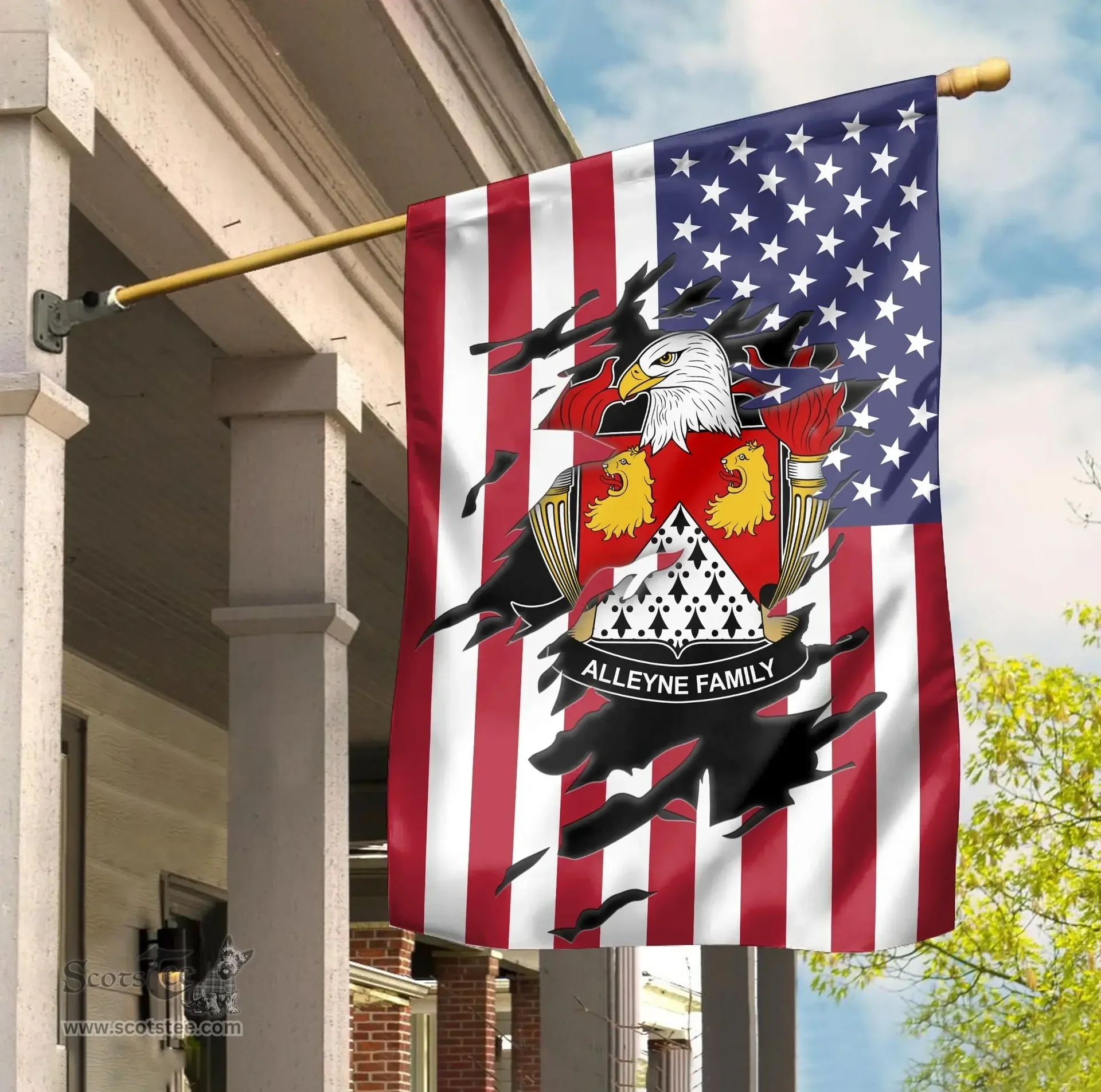 ScotsTee Shop American Alleyne Coat of Arms Scratch on American Flag U.S. Flag Garden Flag/ House Flag
