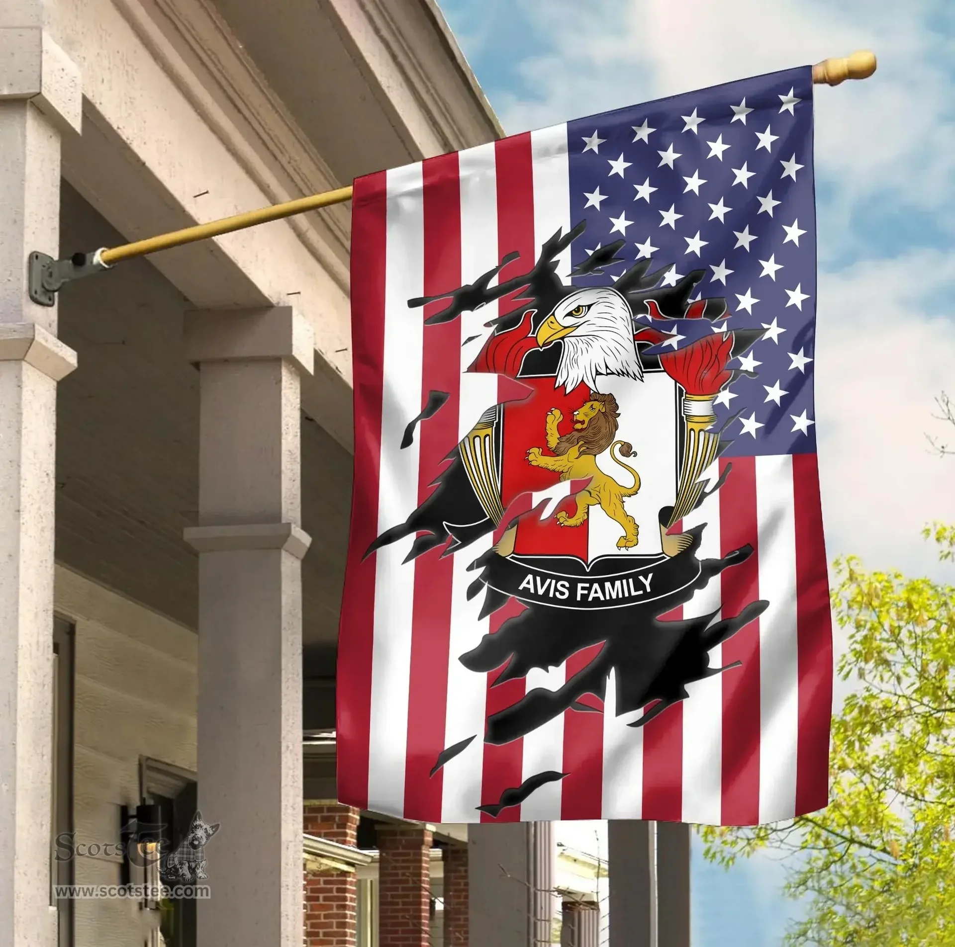 ScotsTee Shop American Avis Coat of Arms Scratch on American Flag U.S. Flag Garden Flag/ House Flag