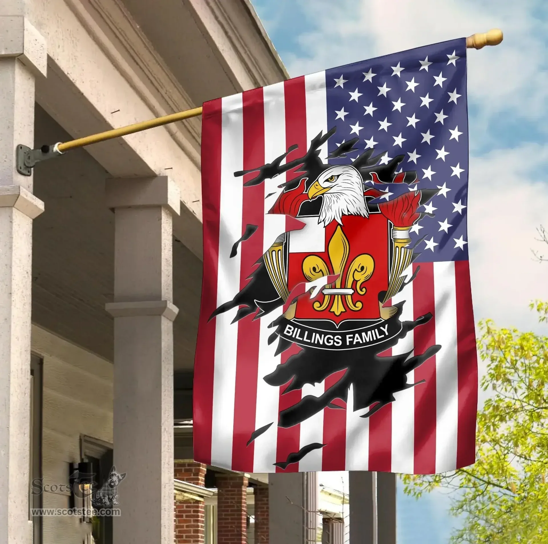 ScotsTee Shop American Billings Coat of Arms Scratch on American Flag U.S. Flag Garden Flag/ House Flag
