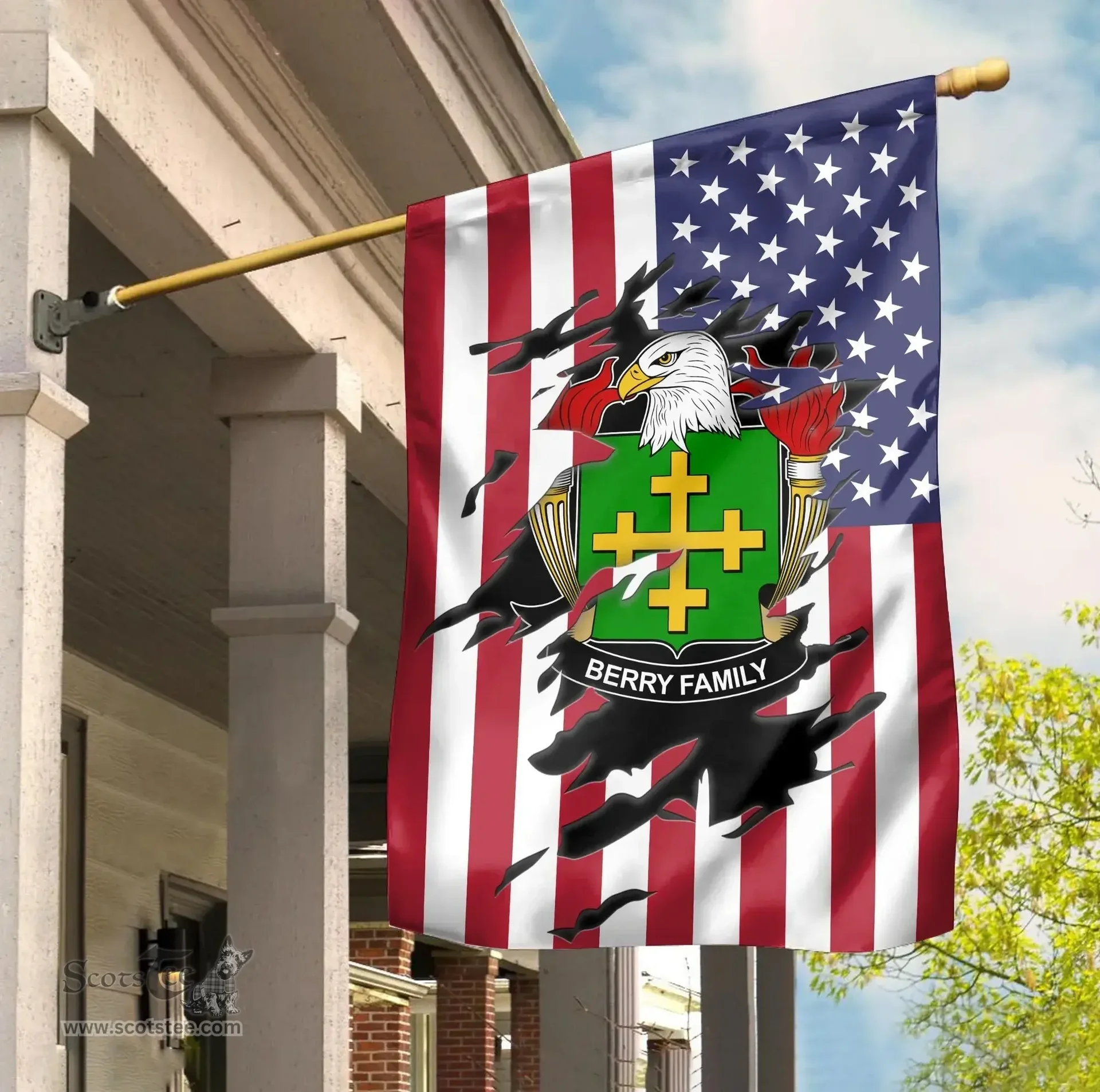 ScotsTee Shop American Berry Coat of Arms Scratch on American Flag U.S. Flag Garden Flag/ House Flag