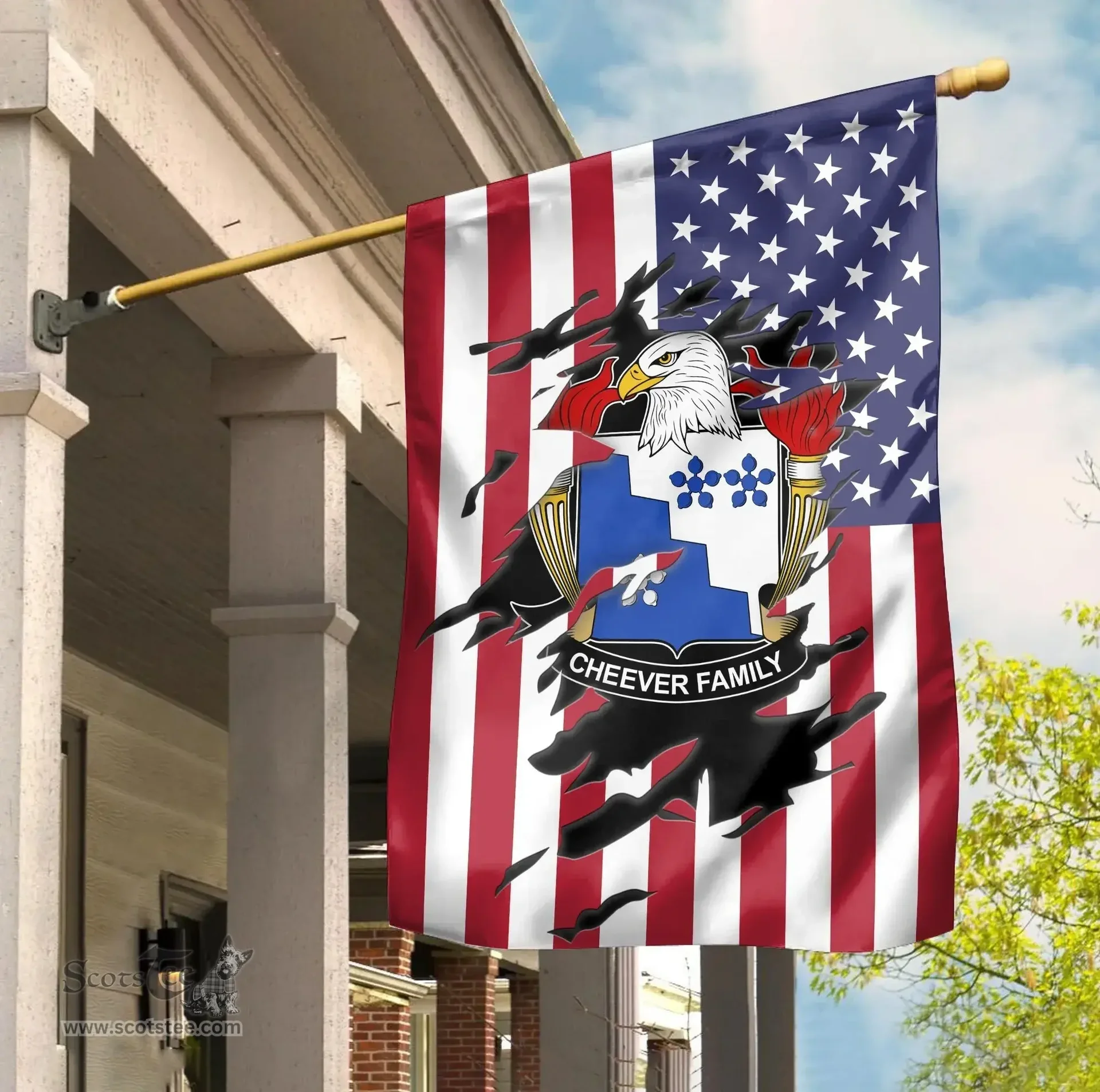 ScotsTee Shop American Cheever Coat of Arms Scratch on American Flag U.S. Flag Garden Flag/ House Flag