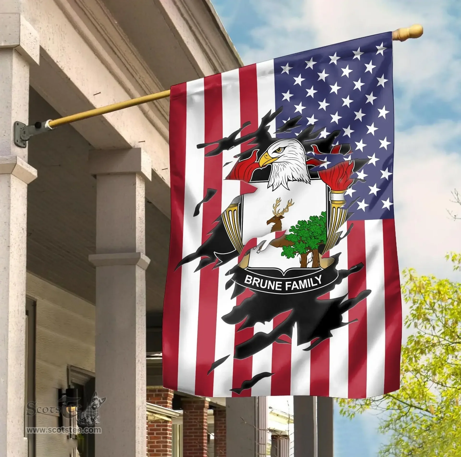 ScotsTee Shop American Brune Coat of Arms Scratch on American Flag U.S. Flag Garden Flag/ House Flag